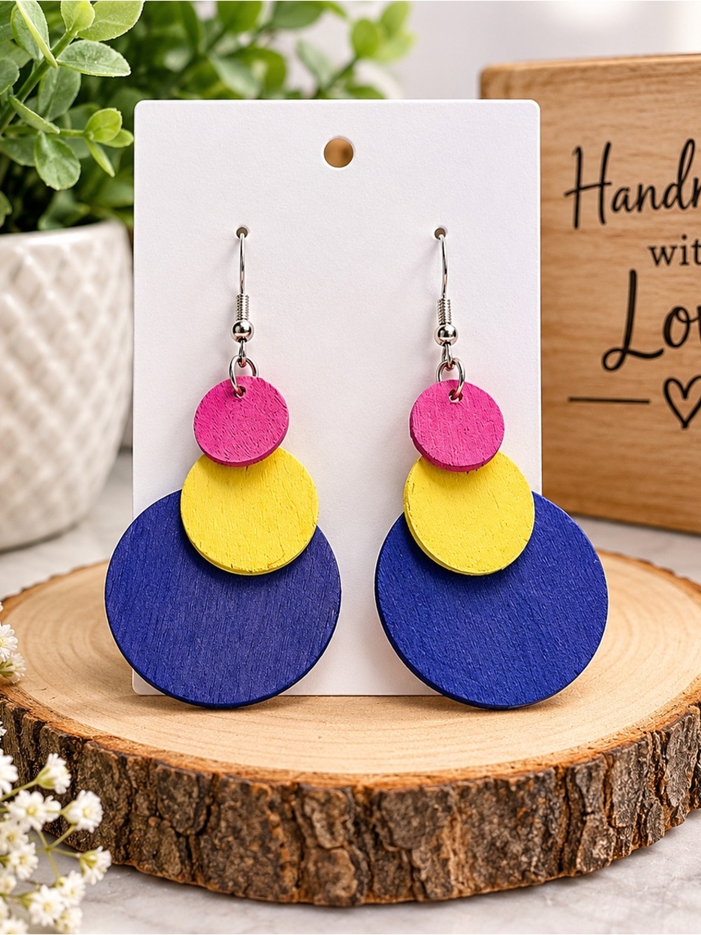 3-Tier Circle Drop Earrings - Pink, Yellow & Blue